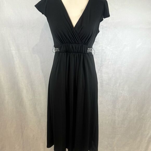 Black vneck flowy belted midi dress size small - Picture 1 of 6